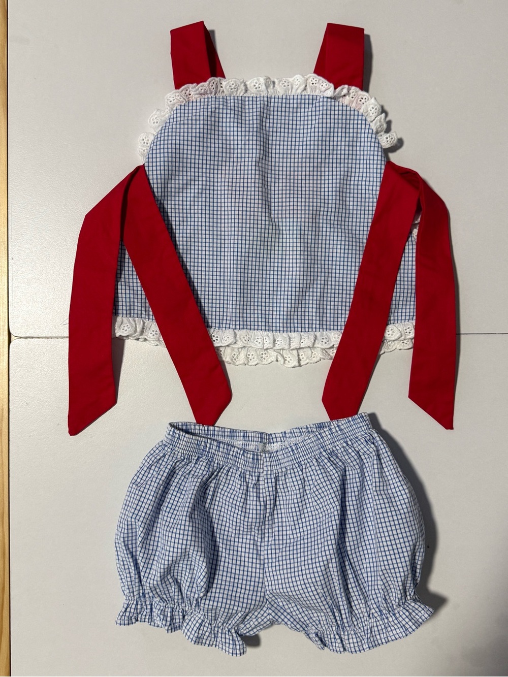 Baby Girls Blue Gingham Two-Piece Set with Red Sash Classic Whimsy